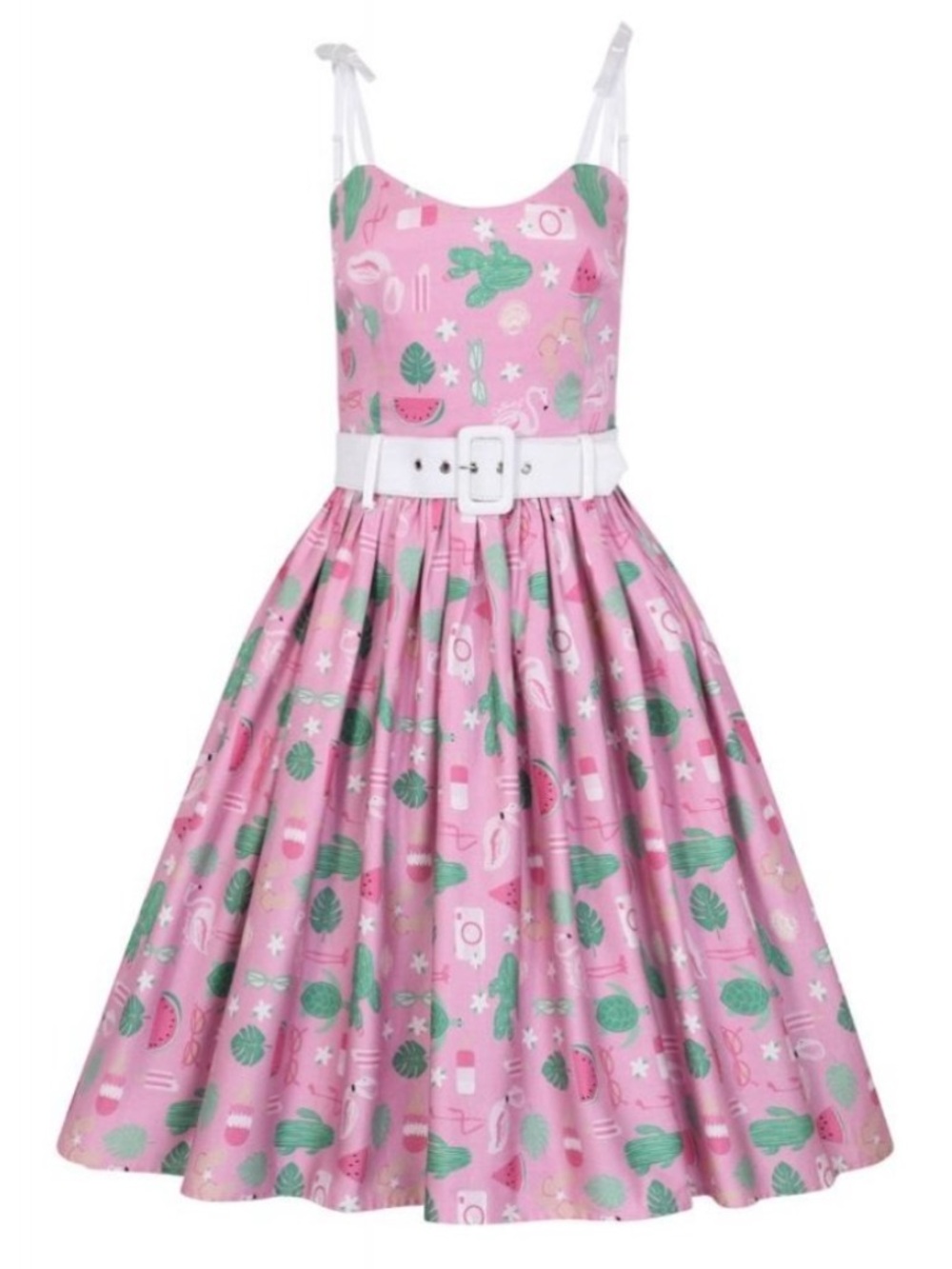 COLLECTIF MAINLINE JADE SUMMER FLAMINGO SWING DRESS